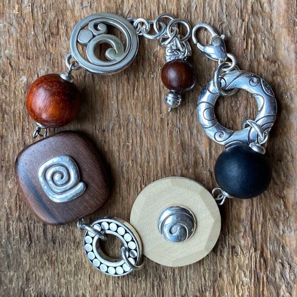 BRIGHTON contempo wood and silver beaded blocky link‎ bracelet - Picture 1 of 6